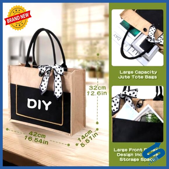 Large Jute Tote Bags with Handles Blank DIY Shopping Bags Bulk Set - Picture 2 of 7